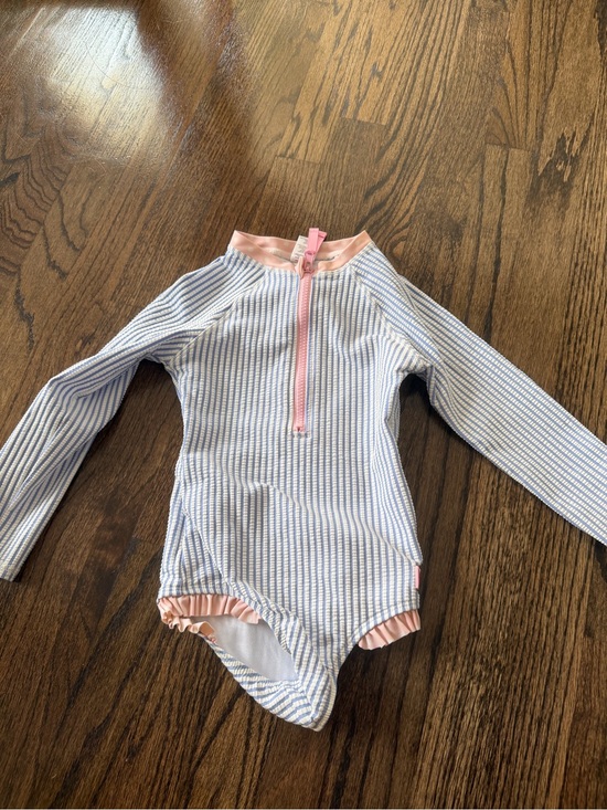 Other - Ruffle Butts, 4t, Girls' Long-Sleeve Stripe Rash Guard Swimsuit - Blue & Pink